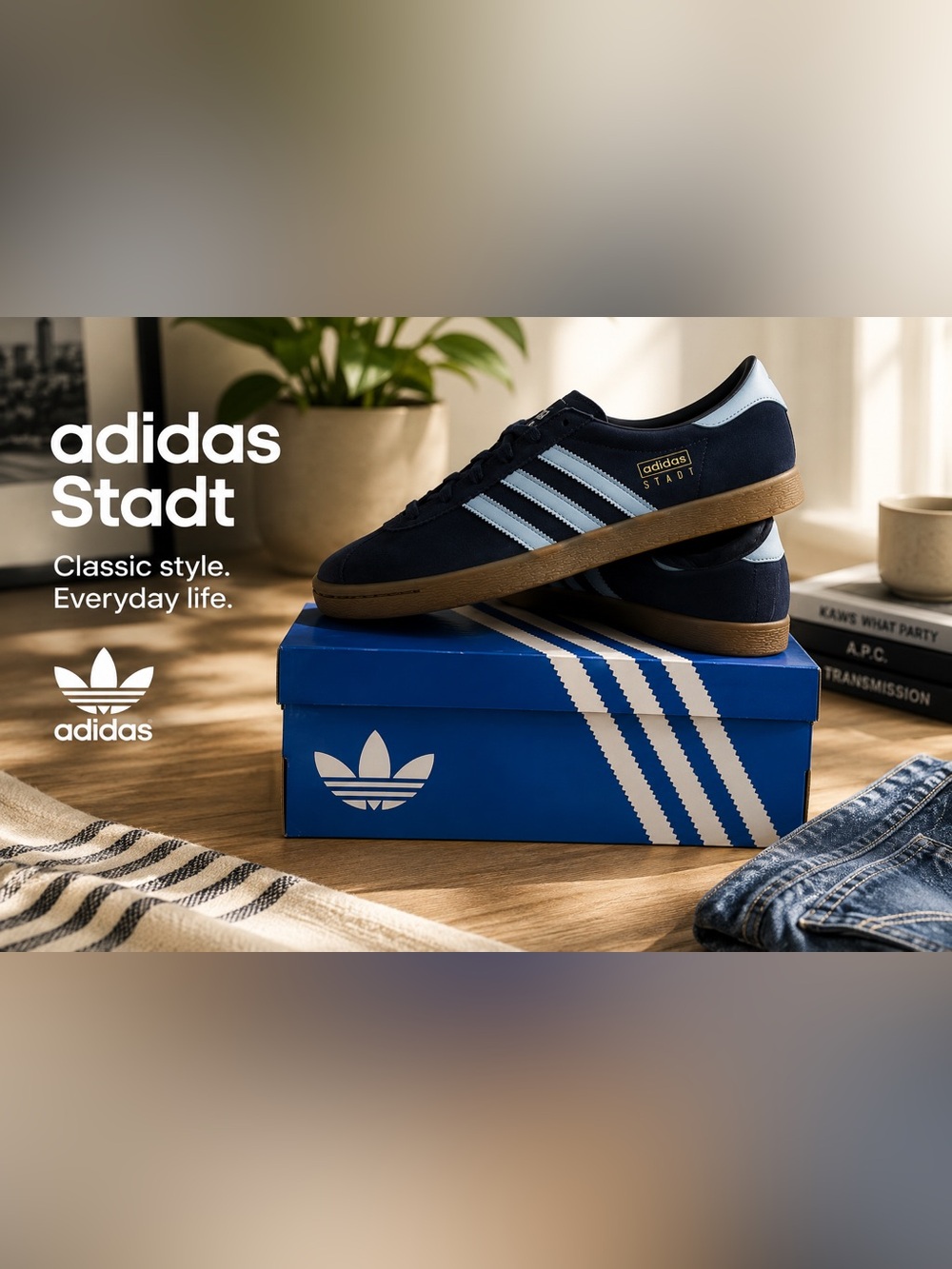 adidas Navy STADT Suede Sneakers with Light Blue Stripes and Gum Sole 10.5M